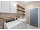 Functional laundry room featuring a washer, dryer, shelves, a utility sink, and access to the exterior at 2920 Bloomsbury S, Greenwood, IN 46143
