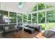 Relaxing screened porch with comfortable seating, views of the backyard and a skylight at 6316 Harmonridge Ct, Indianapolis, IN 46278