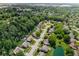 A neighborhood aerial view showcasing multiple homes, tree coverage, and a small pond at 6439 Bower Dr, Indianapolis, IN 46241