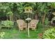 Close-up of the backyard seating area with wicker chairs, a birdhouse, and garden accents at 6439 Bower Dr, Indianapolis, IN 46241