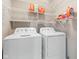 Efficient laundry room with washer, dryer, and shelving for supplies, optimizing space for household tasks at 9046 Sparta Dr, Fishers, IN 46038