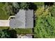 Birds eye view of a home with a gray roof surrounded by lush trees and a fenced in yard at 9170 Andiron Way, Indianapolis, IN 46250