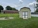 The backyard has a shed, fire pit, green grass, and a chain link fence at 3038 S Richardt Ave, Indianapolis, IN 46239