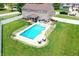 Aerial view of a backyard featuring an in-ground pool and a screened-in patio at 5063 Haywood Ln, Plainfield, IN 46168