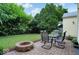 Brick patio with outdoor table and fire pit, with green grass and trees beyond at 5378 Rosslyn Ave, Indianapolis, IN 46220
