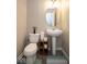 A bathroom featuring a pedestal sink, toilet, and minimal decorations at 6532 Amherst Way, Zionsville, IN 46077