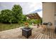 Wide angle of a deck with wooden flooring, a fire pit, and covered seating area at 6532 Amherst Way, Zionsville, IN 46077