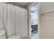 Full bathroom featuring granite vanity and shower with white curtain at 6740 Sundown S Dr, Indianapolis, IN 46254