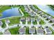 Overhead shot of homes in a green community near a pond, offering a serene and picturesque living environment at 2282 Creekland Dr, Columbus, IN 47201