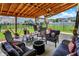 Inviting covered patio featuring comfortable seating and a view of the fenced backyard at 2282 Creekland Dr, Columbus, IN 47201