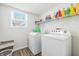 Laundry room with front load washer and dryer. Additional storage space on shelving above at 2463 Kettering Way, Indianapolis, IN 46214