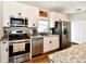 This modern kitchen is equipped with stainless appliances, white cabinets, and granite countertops at 3443 Thomas Jefferson St, Westfield, IN 46074