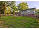 Green backyard surrounded by mature trees and partial fencing offering privacy and space at 3518 Woodale Rd, Indianapolis, IN 46234