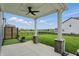 Covered patio overlooking a well-maintained backyard with lush green grass and neighborhood views at 3650 Merchmont Rd, Bargersville, IN 46106