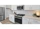 Close-up of a modern kitchen featuring granite countertops and stainless steel gas range at 3650 Merchmont Rd, Bargersville, IN 46106