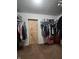 Walk-in closet with wood door, built-in shelving, and ample storage space for clothing at 7511 Eddie Ln, Camby, IN 46113