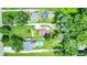 Aerial view of several homes featuring a pool, gardens, and mature trees in a well-kept neighborhood at 8019 E Hanna Ave, Indianapolis, IN 46239