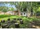 Backyard with mature trees and a fire pit area with seating, creating a relaxing outdoor space at 8019 E Hanna Ave, Indianapolis, IN 46239
