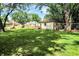 Lush backyard showcasing mature trees, a detached garage, and a new wooden fence at 8019 E Hanna Ave, Indianapolis, IN 46239