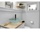 Charming bathroom with vessel sink, wooden countertop, and wainscoting at 8019 E Hanna Ave, Indianapolis, IN 46239