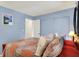 This bedroom features a large bed with blue walls and one doorway at 9042 Panorama Ct, Indianapolis, IN 46234