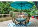 Charming deck area featuring an umbrella-covered dining set, ideal for outdoor meals and relaxation in a private setting at 9042 Panorama Ct, Indianapolis, IN 46234