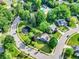 Picturesque aerial view of a neighborhood featuring well-maintained homes, lush landscaping, mature trees, and a community pool at 1099 Saratoga Cir, Carmel, IN 46280