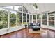 Relaxing sunroom with panoramic views of the garden and pond at 1099 Saratoga Cir, Carmel, IN 46280