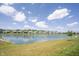 Lush backyard with a view of the pond and neighboring houses in a picturesque setting at 1872 Wellpark Dr, Westfield, IN 46074