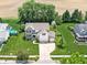 Expansive aerial view of a landscaped property with a pool, lush lawn, and mature trees at 360 Myers Lake Dr, Noblesville, IN 46062