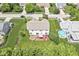 Aerial view of a backyard, showing a deck, lush lawn, mature trees, and a pool at 360 Myers Lake Dr, Noblesville, IN 46062