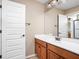 Bathroom with a spacious vanity, a large mirror, and a white door at 3720 Abney Highland Dr, Zionsville, IN 46077