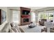 Bright living room featuring a brick fireplace and large windows with views of the outdoors at 4279 Redwood Ct, Zionsville, IN 46077