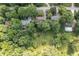 Neighborhood aerial view featuring mature trees, private backyard pools, and neighborhood streets at 604 Oak Blvd W Dr, Greenfield, IN 46140