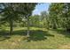Spacious backyard with mature trees, green grass, and black fence at 604 Oak Blvd W Dr, Greenfield, IN 46140