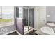 Well-lit bathroom showcasing a glass shower, dual-flush toilet, and a window providing natural light at 7865 Danube St, Indianapolis, IN 46239