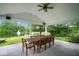 Covered patio overlooking a pond, complete with a large dining table for outdoor entertaining at 8047 Red Barn Cir, Indianapolis, IN 46239
