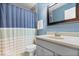 Bathroom featuring updated vanity, toilet and shower with blue walls at 11424 Green St, Carmel, IN 46033