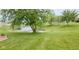 Lush backyard featuring a serene pond, mature trees, and a meticulously maintained lawn at 1201 Fantail Dr, Greenwood, IN 46143