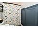 Close up of bathroom with dinosaur print shower curtain and shiplap wall at 17390 Tribute Row, Noblesville, IN 46060
