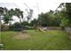 Spacious backyard with a trampoline, playset, and lush lawn, perfect for Gathering fun and recreation at 2638 S Mcclure St, Indianapolis, IN 46241