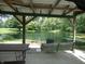 Relaxing view from the patio of a peaceful pond surrounded by mature trees, complete with a swing for ultimate serenity at 3310 W State Road 58, Seymour, IN 47274