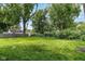 A lush backyard features mature trees, green grass, and a partial view of neighboring homes at 6030 Evanston Ave, Indianapolis, IN 46220