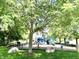 Community playground with modern blue and red equipment, nestled under a large shade tree, for neighborhood fun at 6839 Antelope Dr, Indianapolis, IN 46278