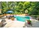 Inviting in-ground pool surrounded by lush greenery and a comfortable seating area under a blue umbrella at 10518 Courageous Dr, Indianapolis, IN 46236