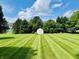 Spacious backyard with a white garden shed, manicured lawn, and lush green trees at 3418 S Rosewind Dr, New Palestine, IN 46163