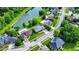 Aerial view of a neighborhood featuring well-manicured lawns and backyard pools along a picturesque lake at 369 Rodeo Dr, Indianapolis, IN 46217