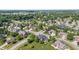 Aerial shot of a suburban neighborhood with diverse housing, green spaces, and winding streets at 4465 W Woodbridge Ln, New Palestine, IN 46163