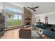 Bright living room with stone fireplace, large windows, and a view of the scenic outdoors at 4609 Framington Ct, Indianapolis, IN 46254