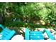 Relaxing creek-side view with Adirondack chairs and decorative tables on a charming wooden platform at 6422 Hollingsworth Dr, Indianapolis, IN 46268